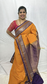 Vriksham Majestic Mustard Yellow  With Purple Zari Border Kanchi Silk Saree-VS4788